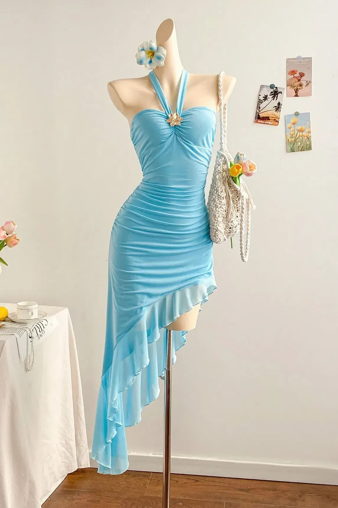 Floral Brooch Ruched Asymmetrical Maxi Dress in Sky Blue